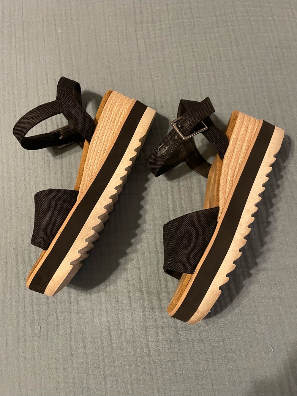 Toms Black Platform Espadrille Wedges with Ankle Strap and Tan Jute
